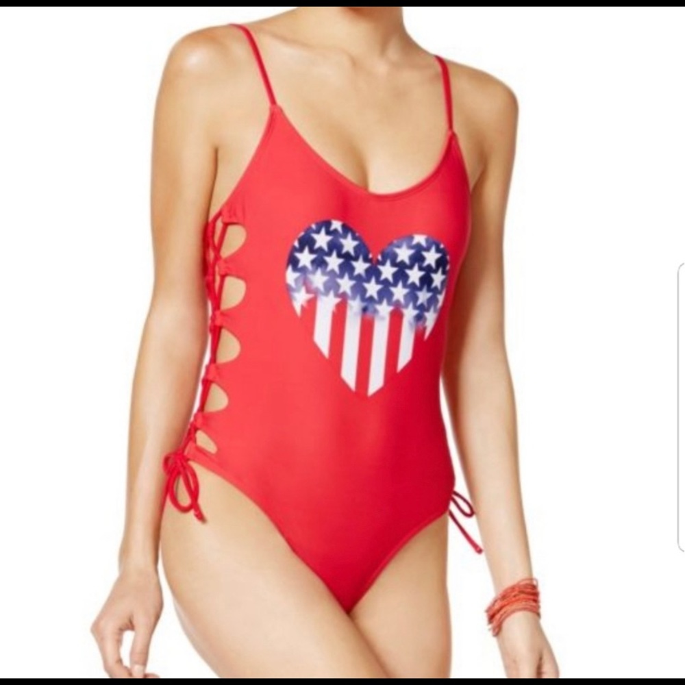4/$25 American Flag One Piece Heart Swimsuit NEW - Picture 3 of 6